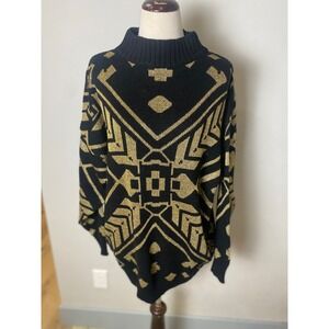 Vintage 80s Limited Express Black Gold Metallic Geometric Mock Neck Sweater M